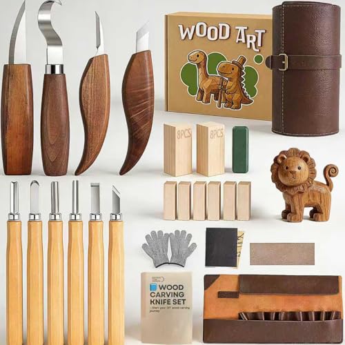 Wood Carving Kit for Beginners 25Pcs Set with Carving Knives & Chisels Protective Gloves Green Compound & Strop 8 Basswood Blocks Sandpaper Stickers Storage Case for DIY Projects & Craft Gifts