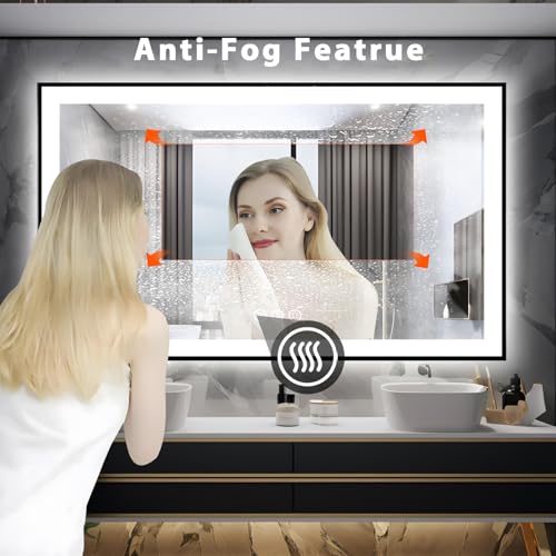 60x36 Lighted Mirrors for Bathroom Wall, Modern Rectangle Matte Black Mirror, Tempered Glass,Double Lights, 3 Colors Dimmable Temperature, IP54 Enhanced Anti-Fog, Memory (Horizontal/Vertical)