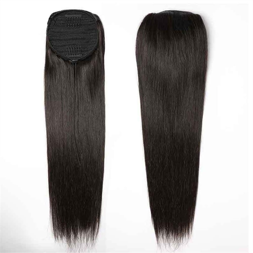 Doczepiane końskie włosy brazylijski Remy ludzkie włosy z regulowanym sznurkiem 25-55 cm, z klipsem, prosty koński ogon, naturalna czerń, codzienne noszenie (22 cale)