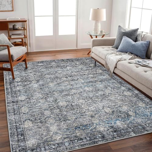 Washable Area Rug 4'x6' Traditional Floor Cover Foldable Thin Rugs Retro Kitchen Indoor Distressed Non Slip Carpet Floral Print Mat Bedroom Living Room