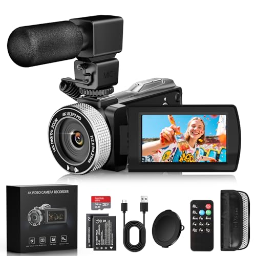 Videocamera 4K 48MP con Visione Notturna IR, Zoom Digitale 18X 3.0'' Rotazione 270° Touchscreen Vlogging Camera per YouTube, Camcorder con Telecomando, Microfono, Scheda TF da 64 GB, 2 Batterie
