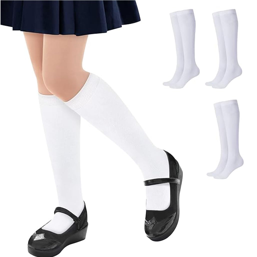 Goodern Women Knee High Socks,3 pairs of Cotton Solid Lightweight Calf Length Stocking,Casual School Uniform Sport Tube Boot Socks,Athletic Long Socks,for Cosplay,Party,Daily Wear Ladies Girls-White