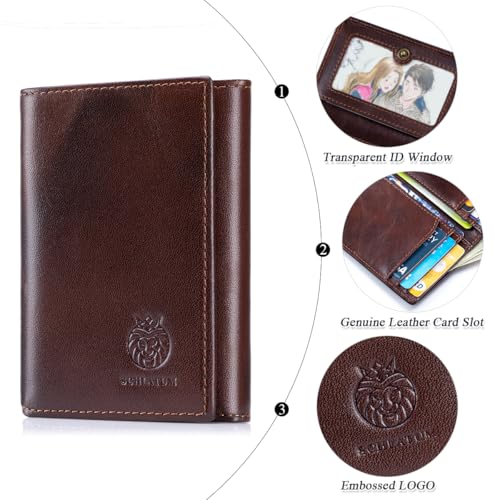 Image of Trifold Wallets for Men RFID Blocking Full Grain Leather Short Mens Wallet with Snap Closure, 8 Card Slots, Clear ID Window, Coffee