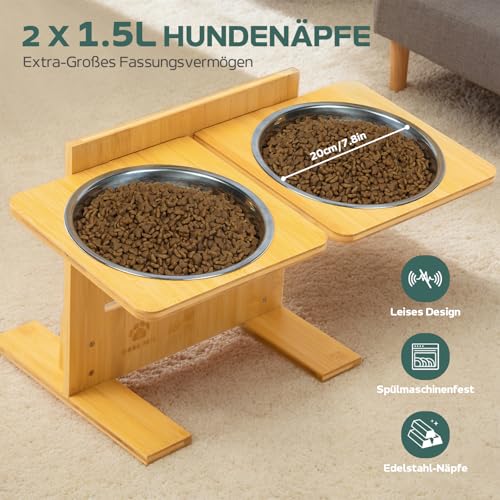 Mora Pets Hundenapf Erhöht Futternapf für Hund mit 4 Höhenverstellbar Futterstation Hunde Napfset aus Bambus Hundebar für Kleine, Mittelgroße, Große Hunde, mit 2 Edelstahl Hundeschüsseln (1,5L x 2)
