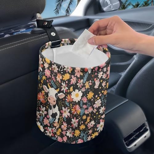 Image of Portable Bright Flowers Dustbin Bin Cow Waste Basket Car Accessories Interior Foldable Car Trash Can Collapsible Waste Basket Bin Small Trash Can Universal