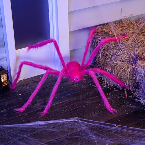 Image of JOYIN Halloween Spider Decorations Outdoor, 5 Ft Giant Neon Colored Pink Spider with Green Eyes for Yard Lawn Garden Halloween Outside Decor, Indoor Haunted House Prop and Party Decor Home