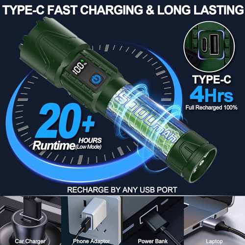 Image of Tactical Flashlight Super Bright High Lumens Rechargeable LED Flash Light | 5000ft Beam, 5000mah, 20H Long Lasting, USB C Charging, Zoomable 5 Modes, Waterproof for Camping Hiking Emergency Men Gift