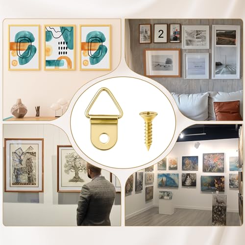 Image of 150pcs Steel Picture Hangers,Golden Picture Hanging Kit,Small Triangle Ring Iron Pictures Hangers with 150 Pieces Screws,D-Ring Pictures Hanger,Heavy Duty Hanging Hooks for Clock,Decoration