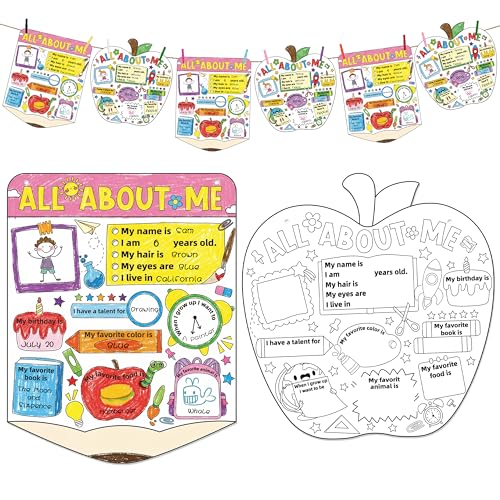 BeYumi All About Me Poster - 40pcs Back to School All About Me Pencil and Apple Banner Garland DIY Coloring Activity Craft Unframed Cartoon Art Painting for Kids Students Elementary Classroom Supplies