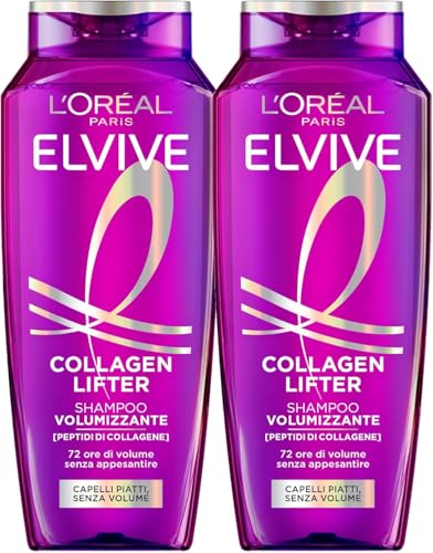 L'Oréal Paris Shampoo Volumatore - Capelli fini e piatti - 2 Plus Volume 72H - Arricchito con peptidi di collagene - senza siliconi, Elseve Collagen Lifter - 2 x 250 ml