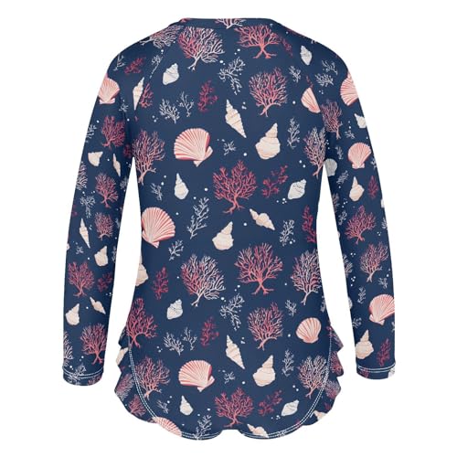 ALAZA Coral Reef Blue Seashell Girls One Piece Swimsuit Long Sleeve Rash Guard Swimsuits UV 50+ Swimwear Zipper3
