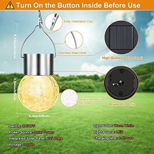 Image of Bosceos 12Pack Hanging Outdoor Solar Lights - Decorative Cracked Glass LED Ball Waterproof Tree Powered Globe With Handle for Garden Yard Patio Fence Holiday Decoration, Warm White