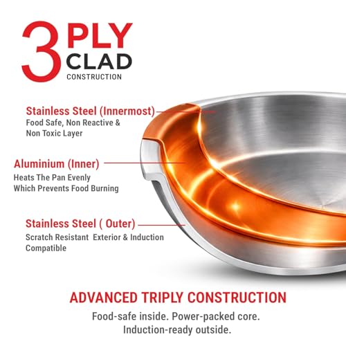 Image of PNB Kitchenmate triply Stainless Steel kadai - 2.0 Liter | Induction Compatible triply kadai with lid | Stainless Steel cookware | Try ply cookware for Indian Cooking with Glass lid | 5 Year Warranty