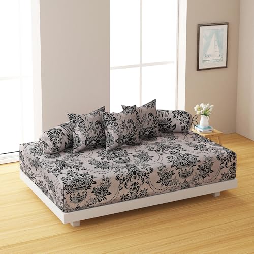 Image of Swayam 144TC Diwan Set Roto Cotton 6 Pcs | Deewan Ethnic Motif Printed Bedsheet Set for Living Room Hall (1-Bed Sheet 60x90 Inch | 2-Bolster Cover 30x30 Inch | 3 Cushion Cover 16x16 Inch) - Beige