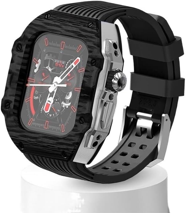 Protéger Apple Watch avec style : kit boîtier fibre de carbone et bracelet caoutchouc fluor 45mm