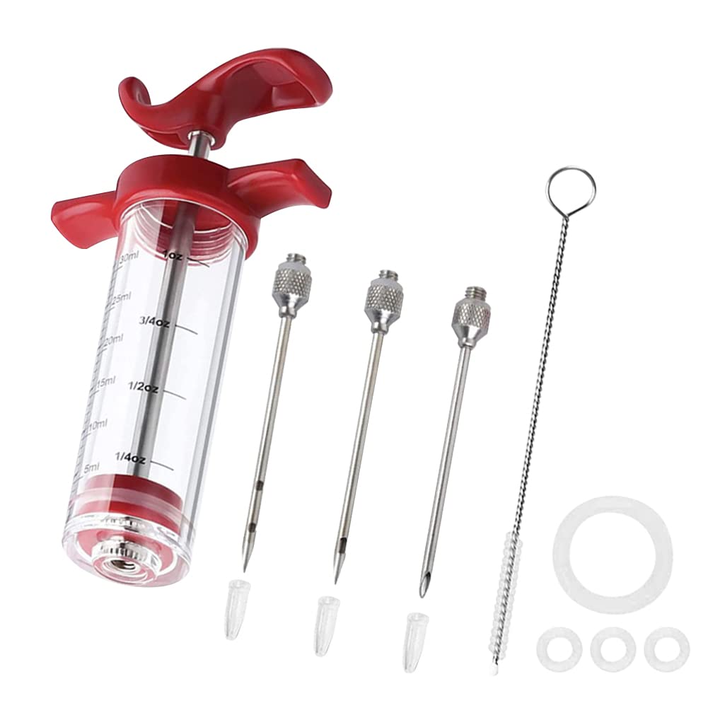 Fleischeinspritzdüsen-e-Set, 3 Nadeln, poröser Truthahn-Injektor für Fleisch mit Reinigungsbürste, Marinaden-Injektorspritze für BBQ Grill mit schwarzer Ölbürste, einfach zu bedienen und zu reinigen