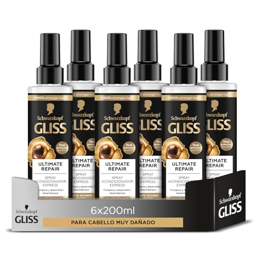 Gliss Acondicionador Bifásico Sin Aclarado Express para pelo muy dañado con Keratina Líquida, Ultimate Repair, 6uds de 200ml (1.200ml), Gama ultra reparación