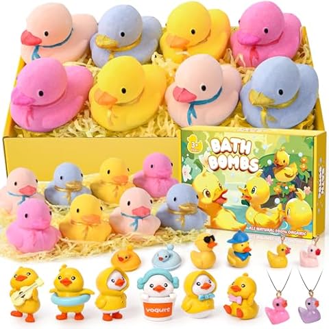 Toylink Bath Bombs for Kids with Surprise Duck Toys Inside for Girls Boys, 8 Pack Toddler Bath Bombs with Necklace Jewelry Organic Bubble Bath Fizzies Birthday Christmas Gift Set Cover