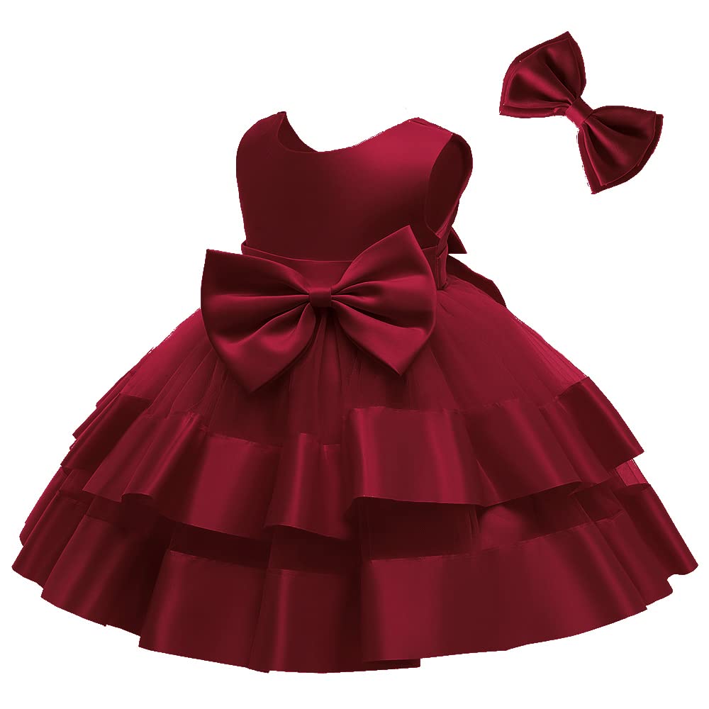 3M-6T Toddler Girl Bowknot Backless Tutu Gown Ruffle Lace Tulle Pageant Dress Baby Party Dresses with Headwear Burgundy 90