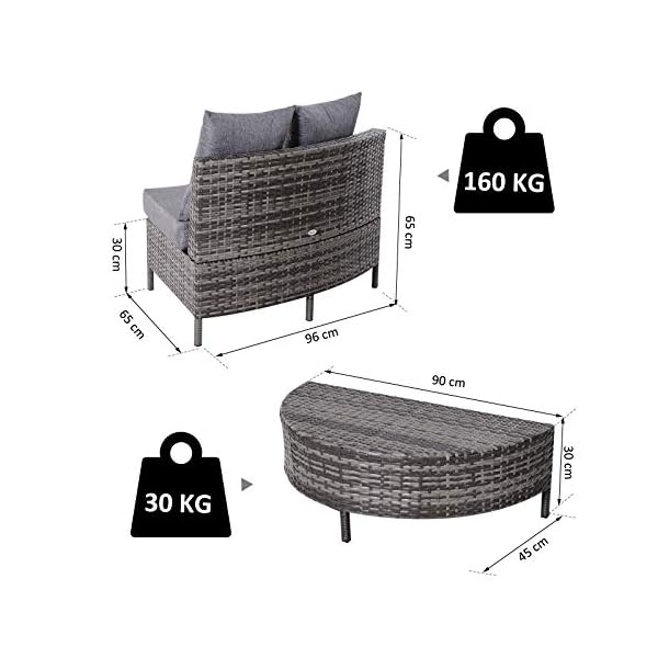 Outsunny Rattan Garden Furniture 4 Seaters Half-round Patio Outdoor Sofa & Table Set Wicker Weave Conservatory Cushioned Seat with Pillow - Grey - Image 4
