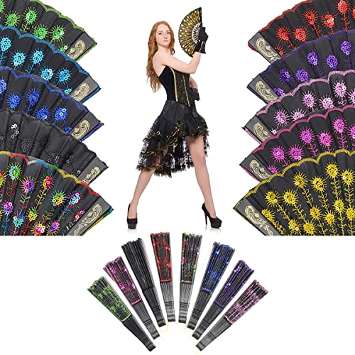 Morices 2 Pcs Sequin Folding Fans, Elegant Embroidered Flower Peacock Pattern Handheld Fan - Image 4