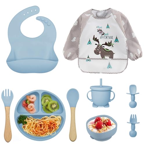 Assiette Bebe Lot de 9 Coffret Repas Bebe, Enfant Set Couverts Vaisselle pour Sevrage Manger Apprentissage, Set Vaisselle Silicone Repas Bébé, cadeau coffret repas bébés (Bleu)