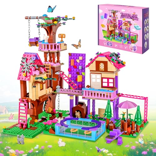 Charmofun Conjunto de construção de casa na árvore, conjunto de construção de casas na árvore com 3 personagens e 4 animais, Friends casa da árvore da amizade para crianças a partir de 8 anos (rosa)