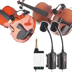 Two Violinists Perform Q2/VT-5 Violin Microphone Wireless UHF Gooseneck Pick Up Instrument Clip-on Mic 1 Receiver and 2 Transmitter System for Violin Stage Musical Instrument Performance