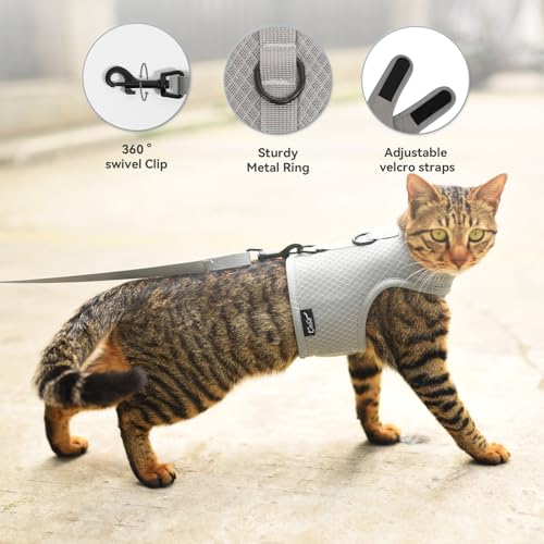Image of Cat Harness and Leash for Walking Escape Proof Breathable Mesh Fabric, Solid Grey, Large, Adjustable Cat Walking Jackets, Padded Stylish Cat Vest