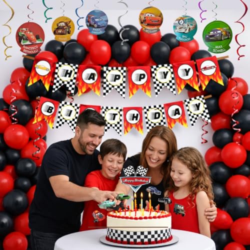 Image of Wanna Party Car Theme Birthday Decoration for Boys - 20 Red & 20 Black Balloons, Car Birthday Banner, 12 Car Swirl Hangings & Cake Toppers | Complete Racing Party Decoration for Kids Birthday