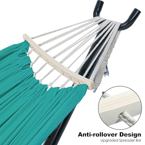 Image of Gafete Double Hammock with Stand for Outside, Upgraded Spreader Bar, Heavy Duty Space Saving Steel Stand 2 Person, Side Pockets, Easy Assembly, 600lbs Weight Capacity, Indoor & Outdoor (Aqua Blue)