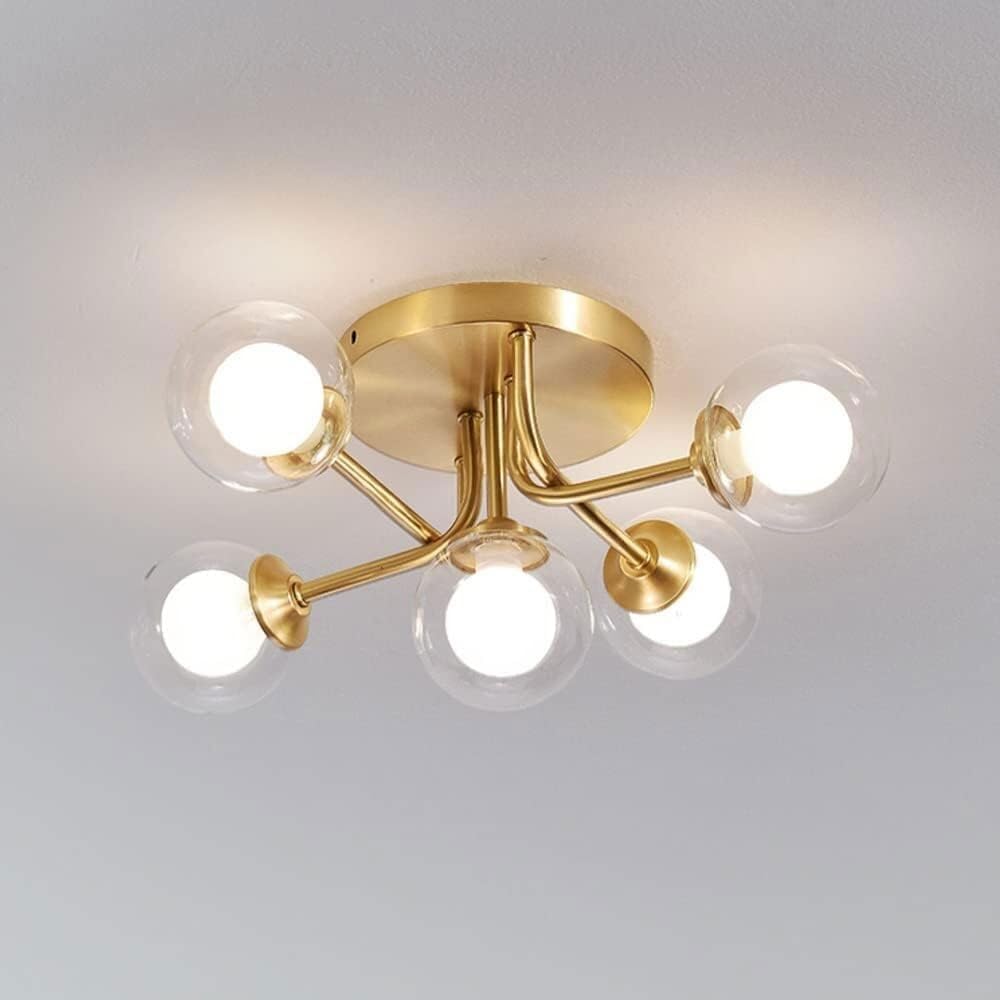 Indoor Brass Ceiling Light - 5-Light LED Flush Mount Fixture with Nordic Glass for Modern Bedrooms