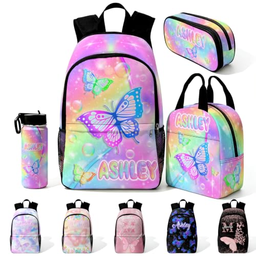 Image of Custom Girls Backpack for Kids Personalized Backpacks Set Back to School | Kid Customized Toddler Backpack for Girl with Lunch Bag Book Bag Kindergarten Prek Preschool Gifts Black Rainbow Butterfly