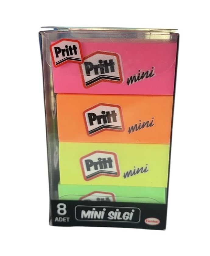 MONARTY Pritt Mini Silgi Seti, 8 Adet, Renkli Silgiler, Yüksek Kaliteli Asetat Malzeme, Ofis ve Ev Kullanımı İçin