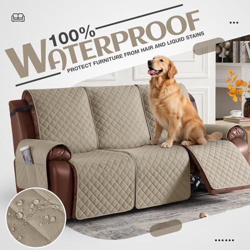 Image of KinCam Waterproof Recliner Sofa Cover, Non-Slip Reclining Couch Covers for 3 Seat, Recliner Couch Cover Furniture Protector with Elastic Straps for Pets, Kids, Khaki