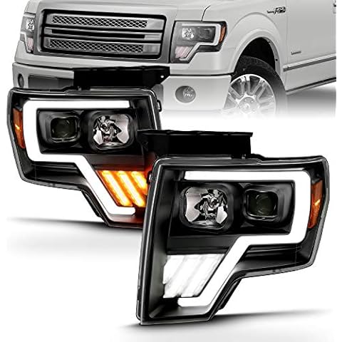 AmeriLite Replacement Headlights Switchback Led, Halogen, Tube Quad Projector Set For 2009-2014 Ford F150 - Passenger and Driver Side, Vehicle Light Assembly, Black LED Tube Cover