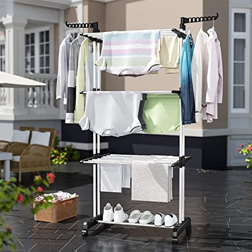 Clothes Drying Rack, 4-Tier Oversize Collapsible Clothes Drying Rack,Stainless Steel Laundry Garment Dryer Stand Stainless Steel Free-Standing Laundry Stand For Towels, Clothes, Shoes, Black & White #TOP1