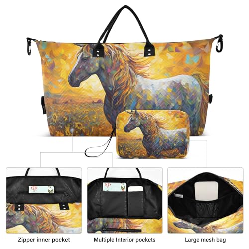 Large Travel Duffel Bag, Oil Painting Sunflower and Horse Sports Tote Gym Bag, Shoulder Weekender Overnight Bag for Women Men, Carry On Luggage with Toiletry Bags2
