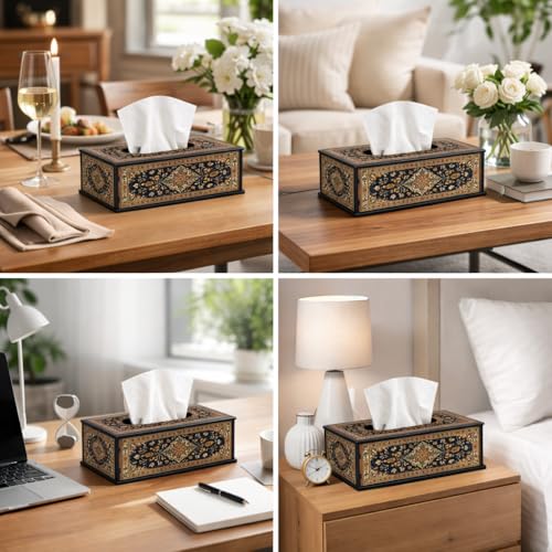 Image of Luxury Navy Gold Floral Printed Tissue Box Holder Designer Wooden Tissue Box Cover for Home, Office & Dining 6.5x5x3 Inch