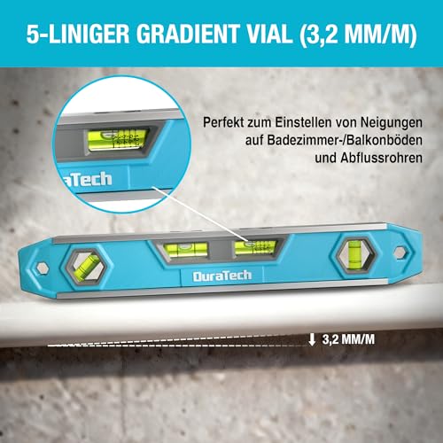 DURATECH Magnetische Wasserwaage, Torpedo-Wasserwaage 300 mm mit 5-Linien-Wasserwaage, Fensteransicht, V-förmiger Basis, 4 Blasen 45°/90°/180° Messwerkzeug für Heimwerker, Bau und Tischlerarbeiten