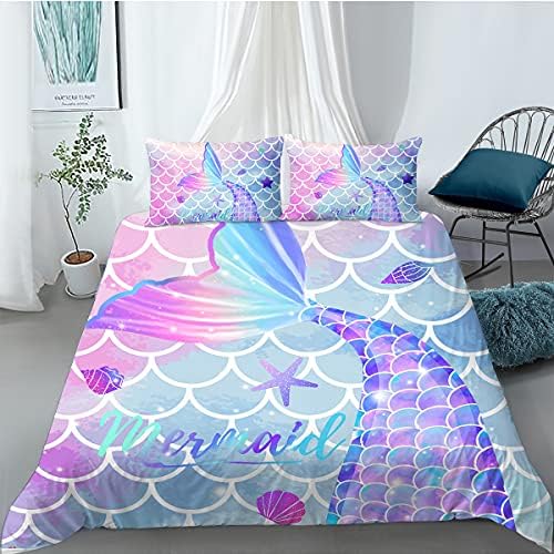 MUSOLEI Mermaid Bedding Set Girls Double Colorful 3D Mermaid Tail Blue Duvet Cover Sets Pink Lovely Quilt Cover Soft with PillwocaseMermaidDouble