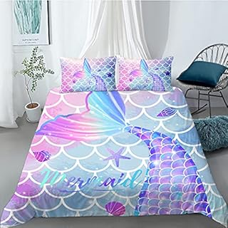 MUSOLEI Mermaid Bedding Set Girls Double Colorful 3D Mermaid Tail Blue Duvet Cover Sets Pink Lovely Quilt Cover Soft with PillwocaseMermaidDouble