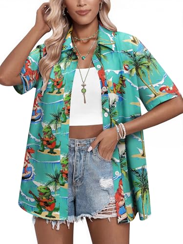 Hawaiian Shirts for Women Fun Dinosaur V Neck Button Up Print T-Shirt Short Sleeve Summer Casual Beach Blouse Top