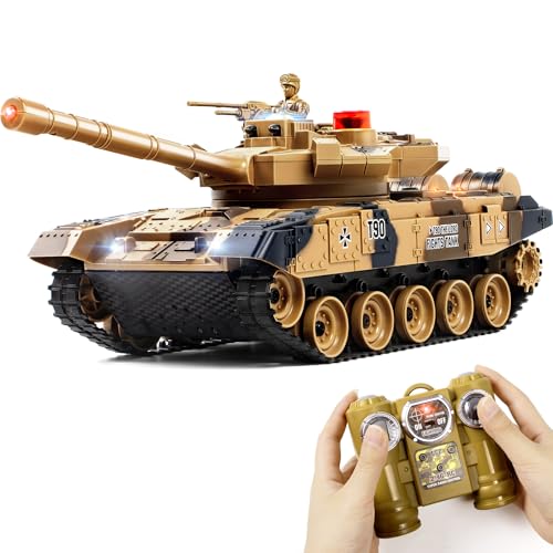 DBshoot1/24 Remote Control Tank, Russian T-90 RC Tank & 330° Turret Rotation，2.4Ghz Army Toys for Boys, Infrared Battle Toy with Lights, Smoke and Sound Effect Gift for 4+ Kids
