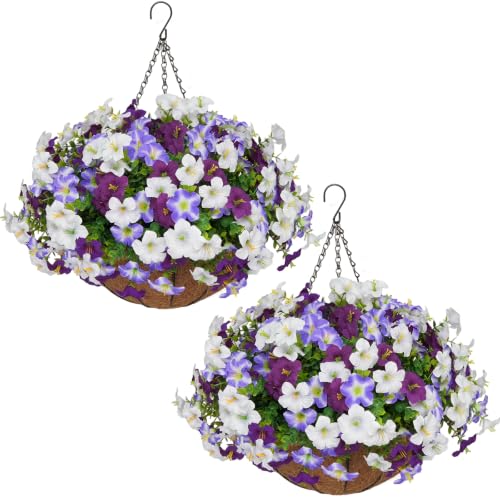 Image of 2 Set Artificial Hanging Flowers with Basket for Outdoor Decor, 24 Pcs Silk Petunias Fake Plants for Porch Garden Patio Balcony Yard Home Decoration