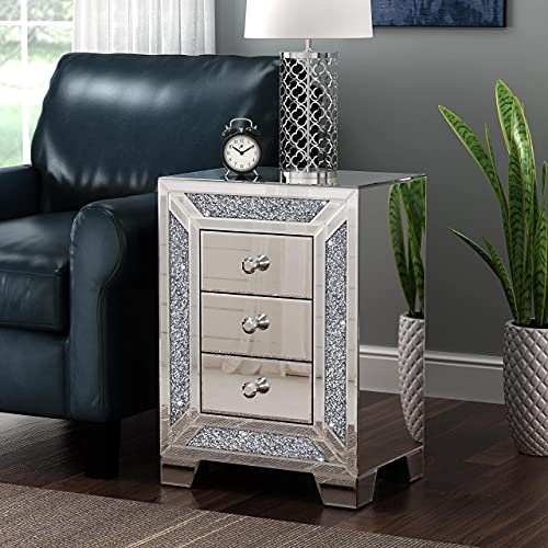 Mirrored Night Stand with 3 Drawers, Sparkly Crushed Crystal Beside Table Modern End Table for Bedroom, Living Room, Office