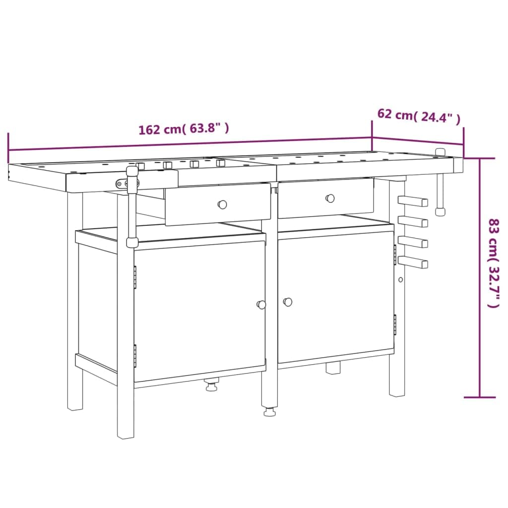 vidaXL Banco de Trabajo con Estante Mesa de Trabajo Organizador para Taller con Almacenaje Cajones y Tornillos Banco Madera 162x62x83 cm