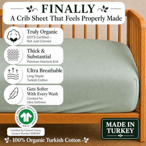 Image of GOTS Organic Cotton Crib Sheets, Aegean Heritage Turkish Cotton 200GSM, Quality at First Touch,1 Pack Toddler Bed Fitted Mattress Sheets for Boys, Girls Cute Breathable Soft (Sage Green)