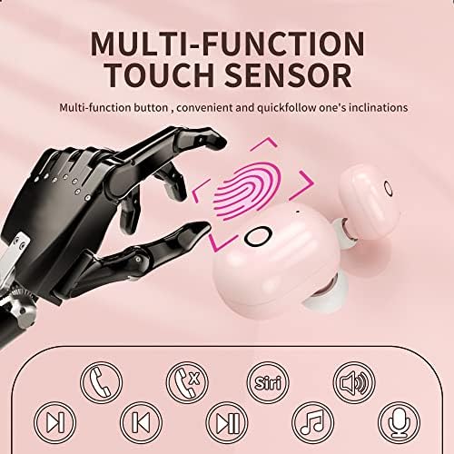 True Wireless Earbuds Bluetooth 5.0 Headphones Comfortable In-ear Earbuds HIFI Stereo Sound Noise Reduction Earphones Smart Touch Control Sports Sweat-proof Earbuds with Portable Charging Case (Pink)