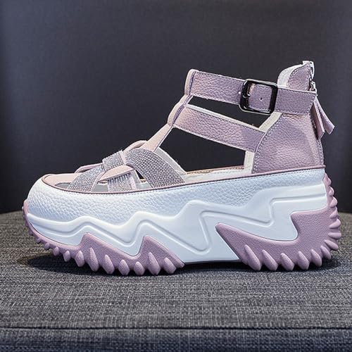 Women Rhinestone Thick-Soled Fashion Sneakers,Hollow Back Zipper Heightening Shoes Comfortable Adjustable Buckle Breathable Casual Platform Sneakers Sandals2